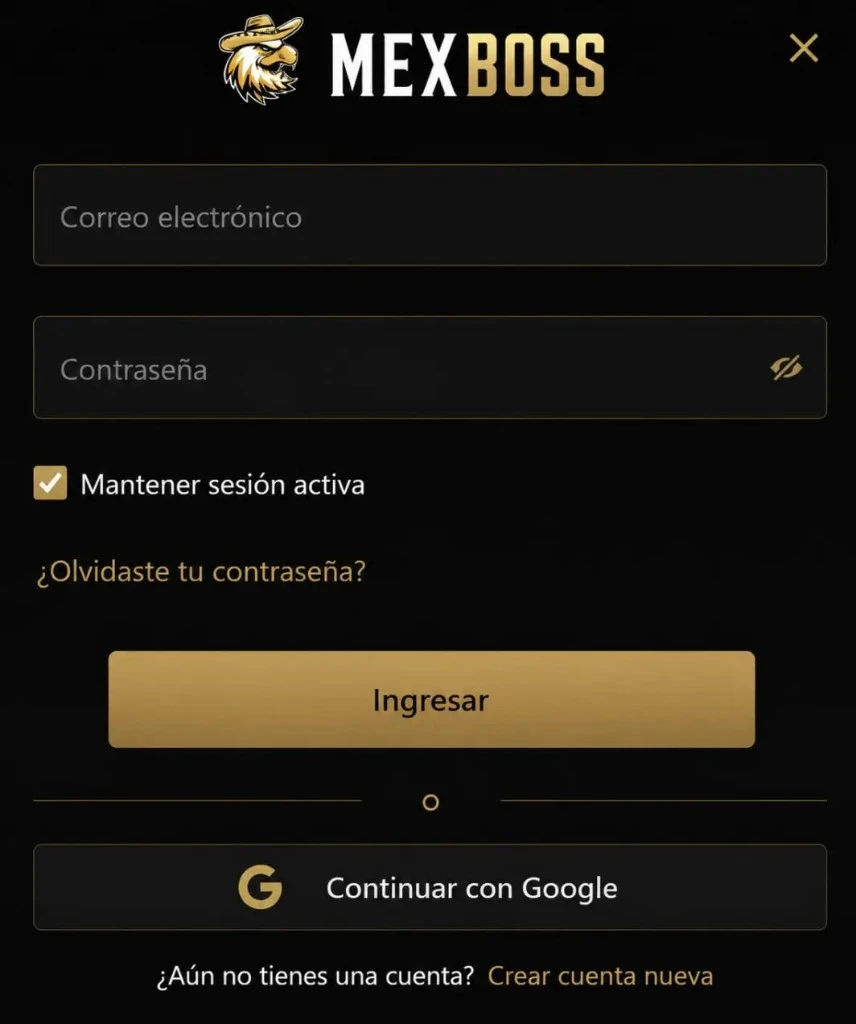Modal Mexboss Casino: correo, contraseña, mantener sesión activa, ingresar, continuar con Google y crear cuenta